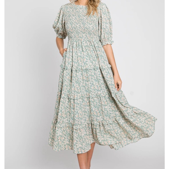 Polagram Dress Floral Green Maxi Smocked Bodice Three Tiered RuffleS Size M - Picture 7 of 15